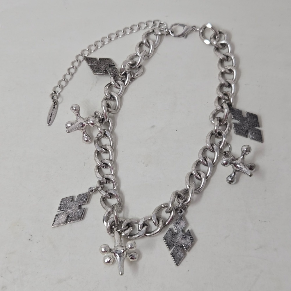 DC Comics Harley Quinn Silver Tone Chunky Curb Chain Diamond & Jacks Necklace